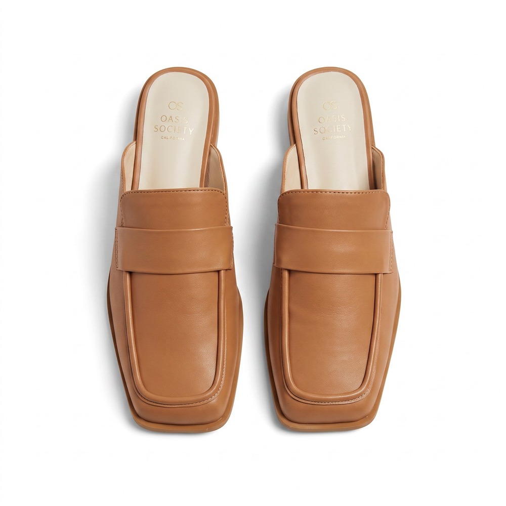 Oasis Society California Tan Vegan Leather Square Toe Block Heel Mules Size 10